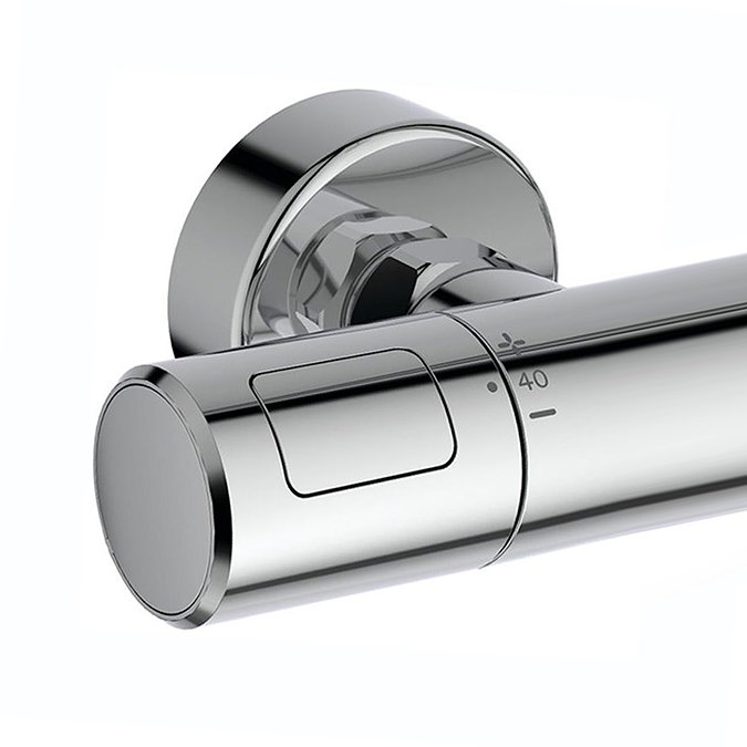 Close up image of the bar valves' left control handle showing the handles button and also the mounting in greater detail, pictured on a white background.