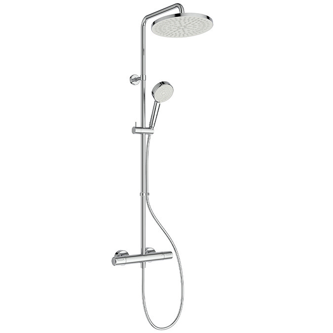 Angled-front view of the Ideal Standard Ceratherm T25 N Exposed Thermostatic Shower System - 12 l/min on a white background.