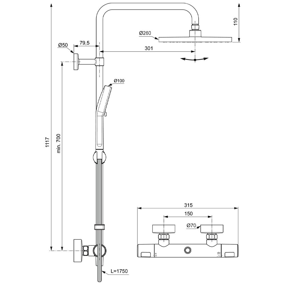 Dimensions image for the Ideal Standard Ceratherm T25 N Exposed Thermostatic Shower System - 8 l/min