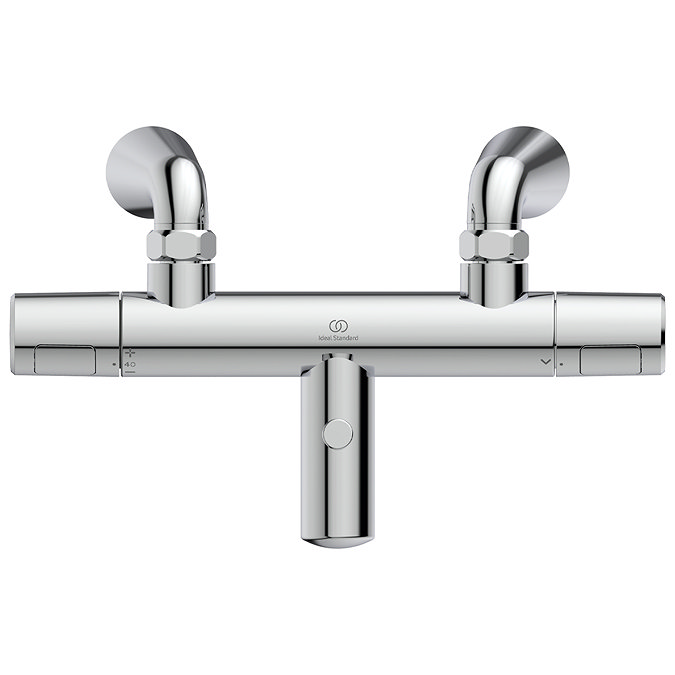 Top view of the Ideal Standard Ceratherm T25 Bath Shower Mixer on a white background, showing the birdseye layout of the mixer's fixings, spout, and handles.