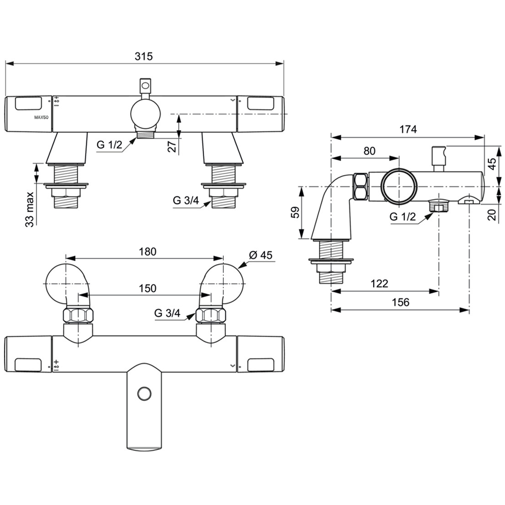 Dimensions image of the Ideal Standard Ceratherm T25 Rim Mounted Thermostatic Bath Shower Mixer showing the measurements for different parts.