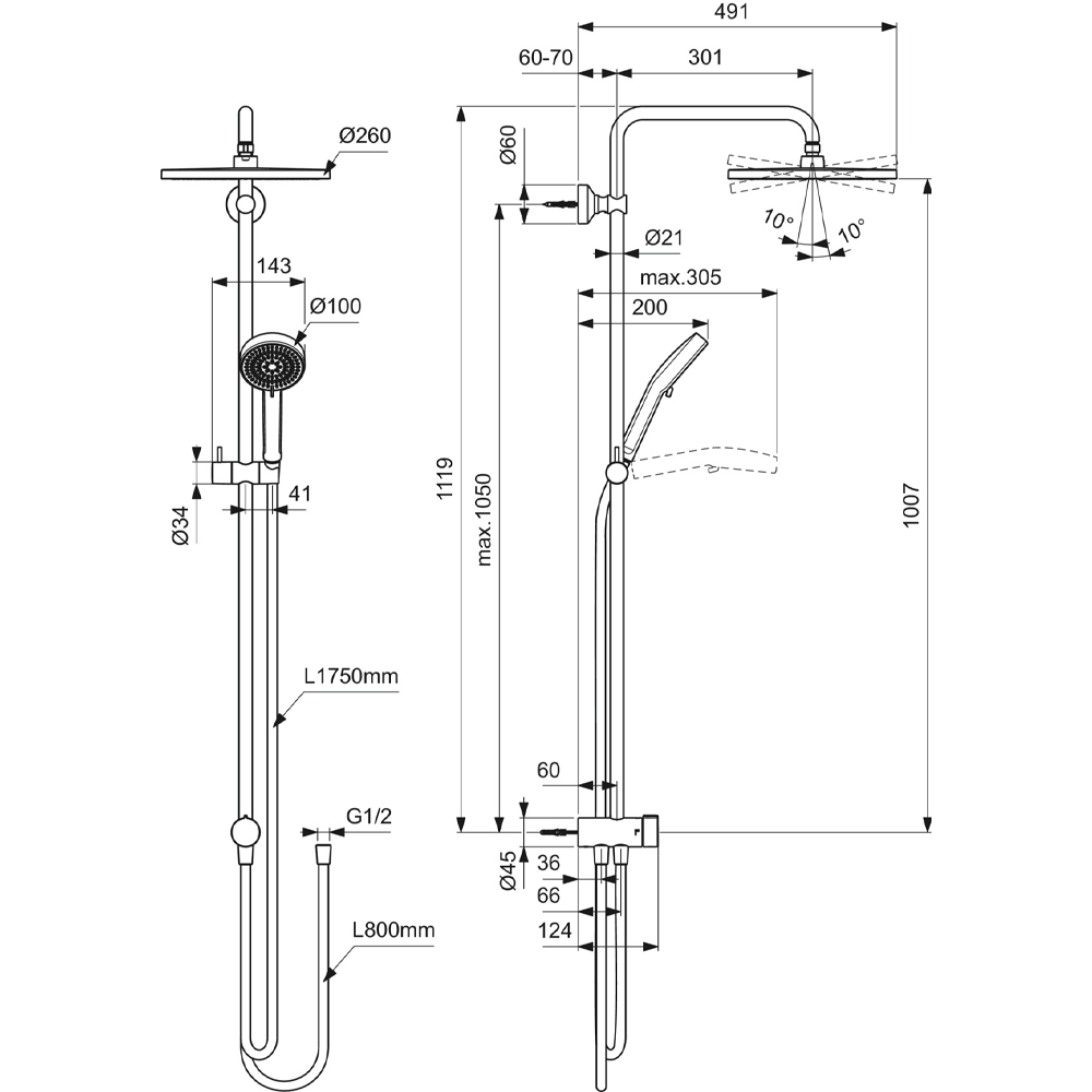 Dimensions image for the Ideal Standard Ceratwist T25 Exposed Shower Kit with Fixed Head & Handset - 12 l/min showing the specific dimensions for each component.