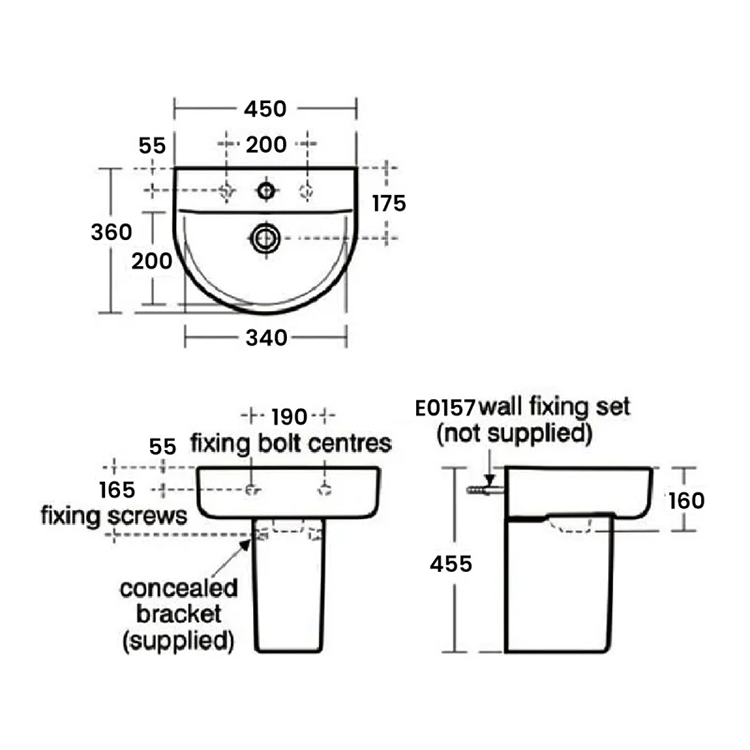 Ideal Standard Concept Arc 450mm 1TH Handrinse Basin + Semi Pedestal