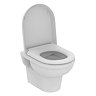 Angled-front view of the Ideal Standard Exacto Wall-hung Rimless Toilet with the soft-close seat lid open, pictured on a white background.