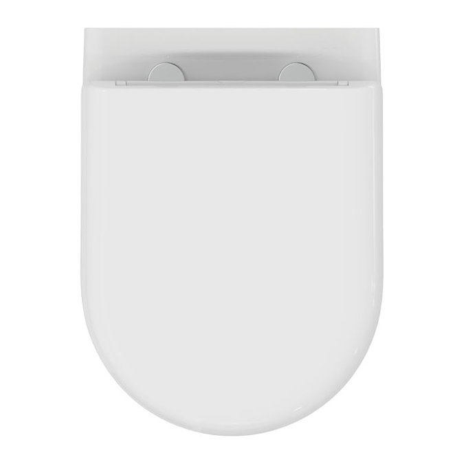 Top-down view of the Ideal Standard Exacto Wall-hung Rimless Toilet with soft-close toilet seat showing the seat lid and part of the back of the toilet pan, pictured on a white background.