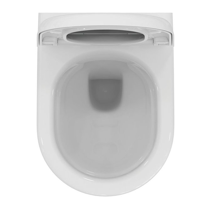 Top-down view of the Ideal Standard Exacto Wall-hung Rimless Toilet with soft-close toilet seat showing the seat lid as open and the inside of the toilet bowl, pictured on a white background.