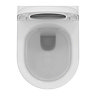 Top-down view of the Ideal Standard Exacto Wall-hung Rimless Toilet with soft-close toilet seat showing the seat lid as open and the inside of the toilet bowl, pictured on a white background.