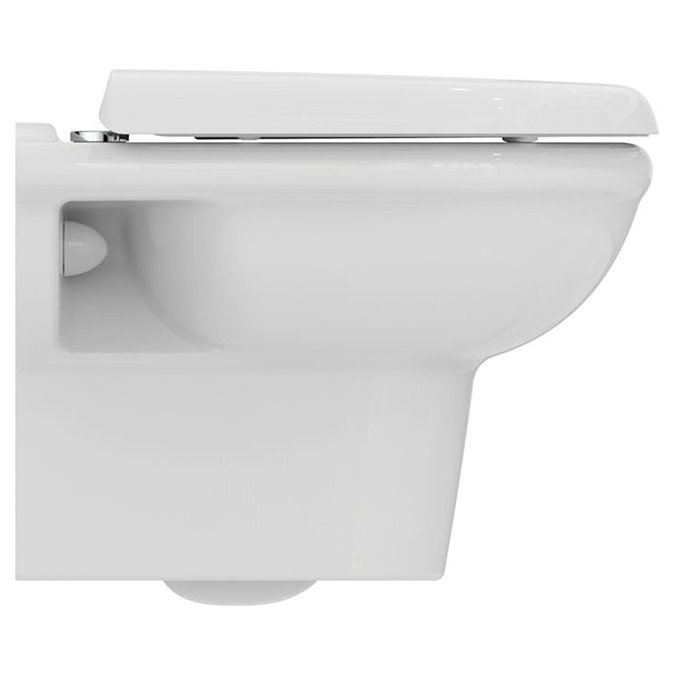 Side view of the Ideal Standard Exacto Wall-hung Rimless Toilet with soft-close toilet seat, showing the side of the toilet pan and lid.