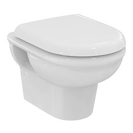 Angled-front view of the Ideal Standard Exacto Wall-hung Rimless Toilet with Soft-Close Seat, pictured on a white background.