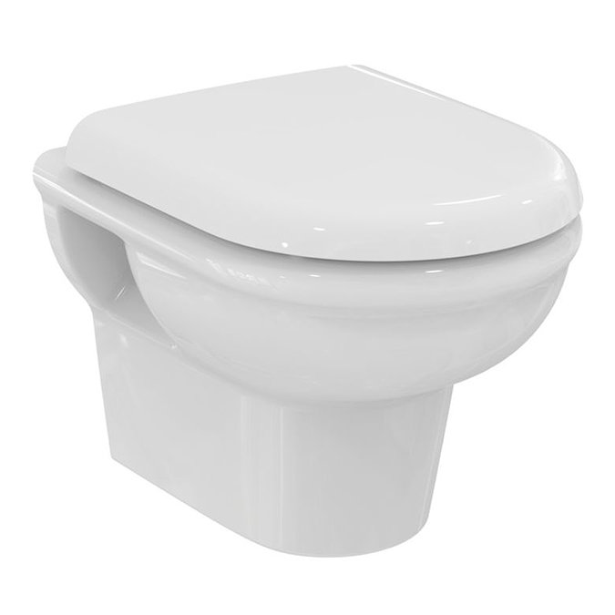 Angled-front view of the Ideal Standard Exacto Wall-hung Rimless Toilet with Soft-Close Seat, pictured on a white background.
