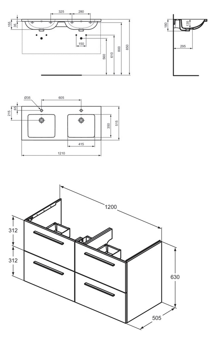 Ideal Standard i.Life B 1200mm Matt Quartz Grey 4 Drawer Wall Hung Double Basin Vanity Unit with Black Handles