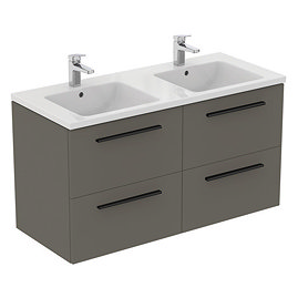 Ideal Standard i.Life B 1200mm Matt Quartz Grey 4 Drawer Wall Hung Double Basin Vanity Unit with Black Handles