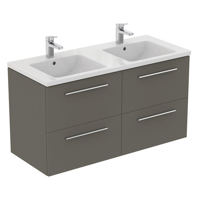 Ideal Standard i.Life B 1200mm Matt Quartz Grey 4 Drawer Wall Hung Double Basin Vanity Unit with Brushed Chrome Handles