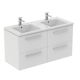 Ideal Standard i.Life B 1200mm Matt White 4 Drawer Wall Hung Double Basin Vanity Unit with Brushed Chrome Handles