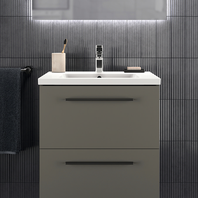 Ideal Standard i.Life B 600mm Matt Quartz Grey 2 Drawer Wall Hung Vanity Unit with Black Handles