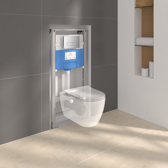 Ideal Standard i.life O HydroTwist Toilet + Concealed WC Cistern with Wall Hung Frame (Chrome Flush Plate)