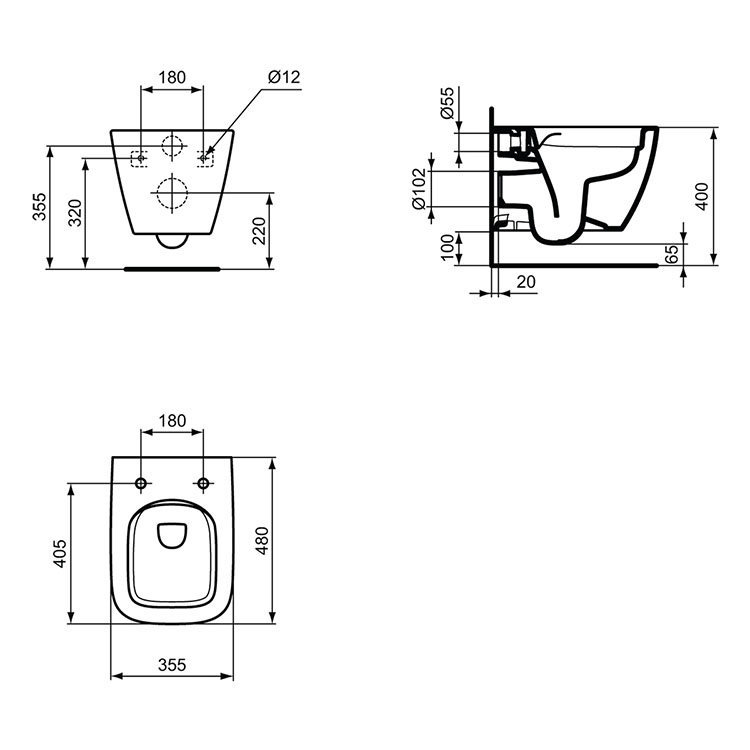 Ideal Standard i.Life S Compact Rimless Toilet + Concealed WC Cistern with Wall Hung Frame (Black Flush Plate)