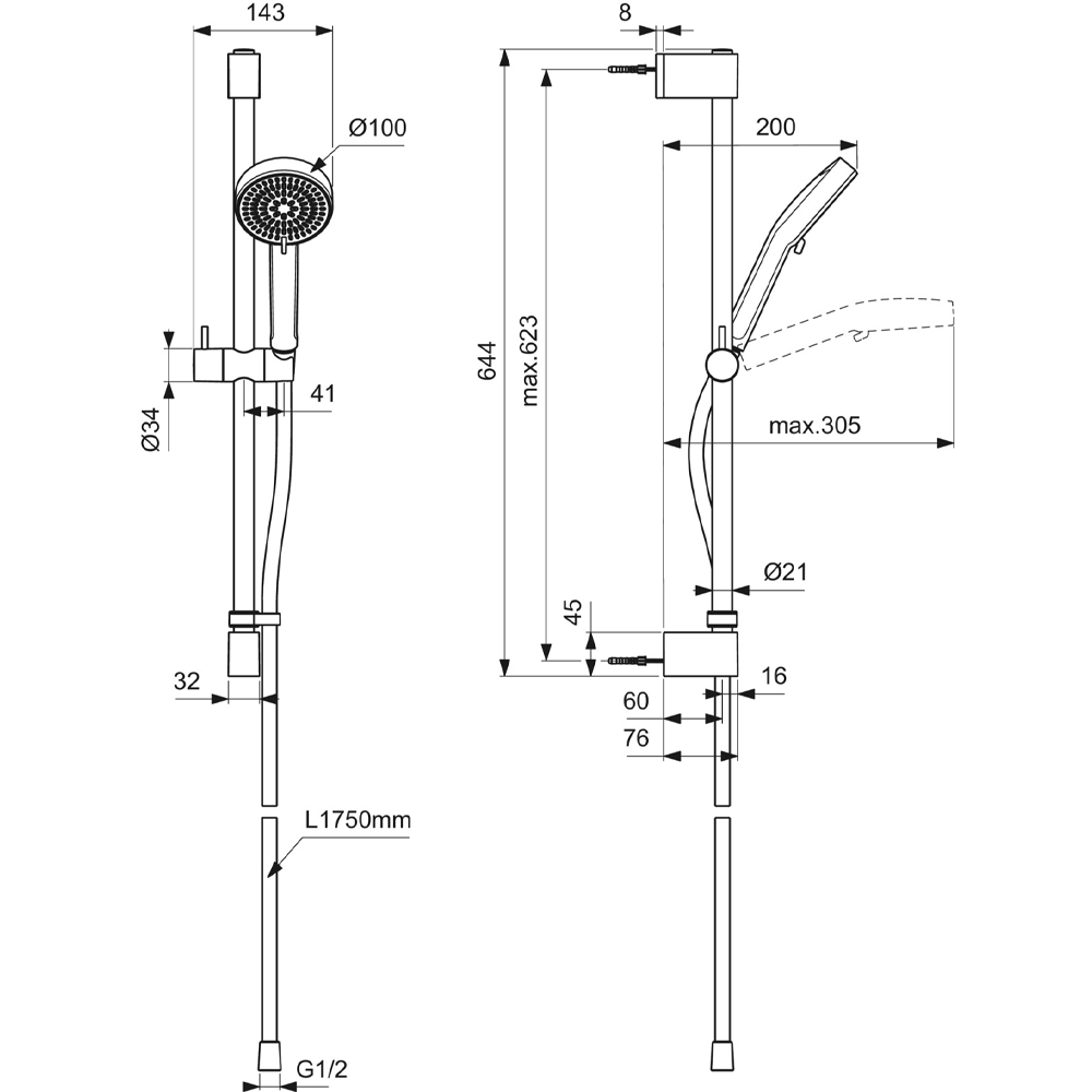 Dimensions image of the Ideal Standard Idealrain Shower Kit with 600mm Rail showing the specific dimensions for each component.