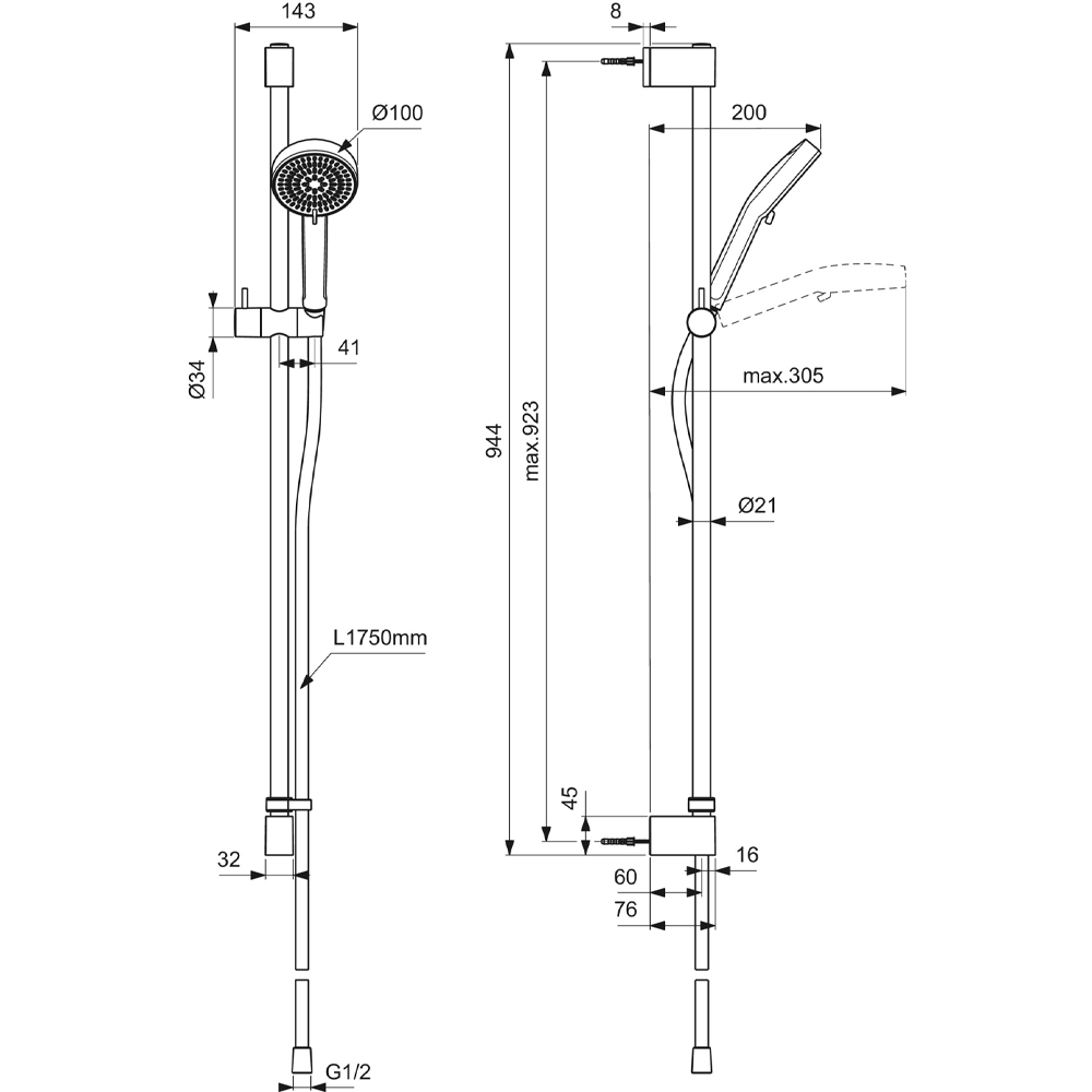 Dimensions image of the Ideal Standard Idealrain Shower Kit with 944mm Rail showing the specific dimensions of each component. 