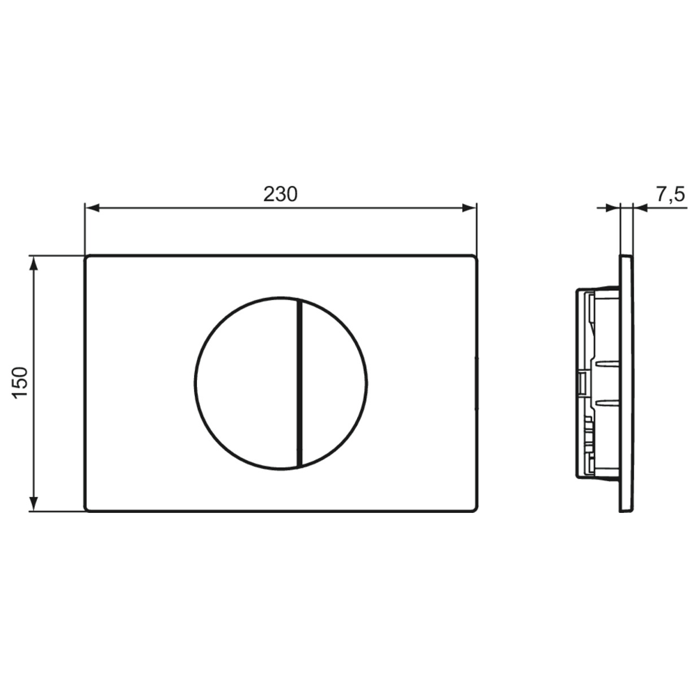 Dimensions for the Ideal Standard Oleas M3 Chrome Mechanical Dual Flush Plate, showing the specific measurements for each component.