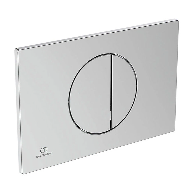 Angled-front view of the Ideal Standard Oleas M3 Chrome Mechanical Dual Flush Plate pictured on a white background.