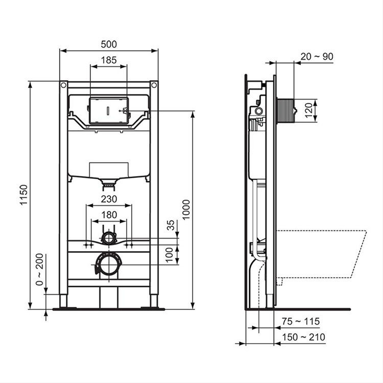 Ideal Standard Prosys 1150mm Mechanical Cistern WC Frame + Matt Black Flush Plate