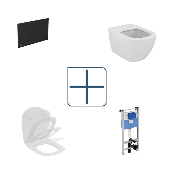 Ideal Standard Tesi AquaBlade Toilet + Concealed WC Pneumatic Cistern with Wall Hung Frame (Black Flush Plate)