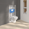 The Ideal Standard Wall-hung Toilet and Chrome Flush Plate fitted into a modern bathroom, showing inside the wall as a graphic.