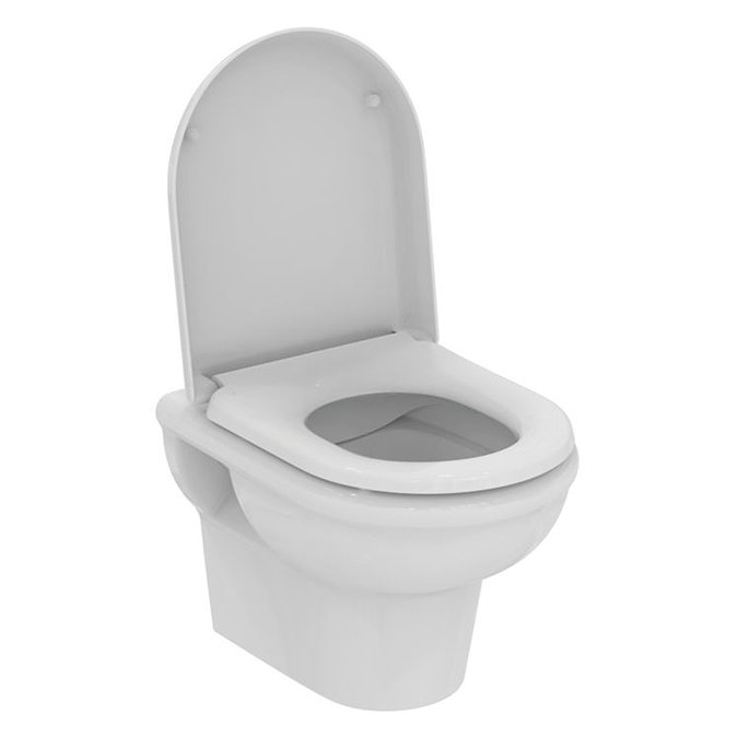 Angled-front view of the Exacto Wall-hung Rimless Toilet with Soft-Close Seat with the lid open, pictured on a white background.