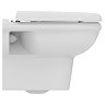 Side view of the Exacto Wall-hung Rimless Toilet with Soft-Close Seat showing the side of the toilet bowl and seat, pictured on a white background.