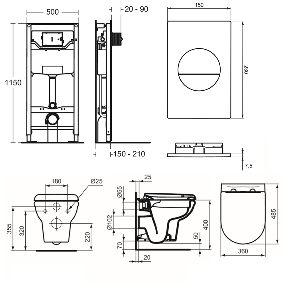 Dimensions for the toilet bowl & seat, WC frame, and flush plate, showing the specific measurements for each component.