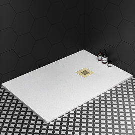 Imperia 1000 x 700mm White Slate Effect Rectangular Shower Tray + Brushed Brass Waste