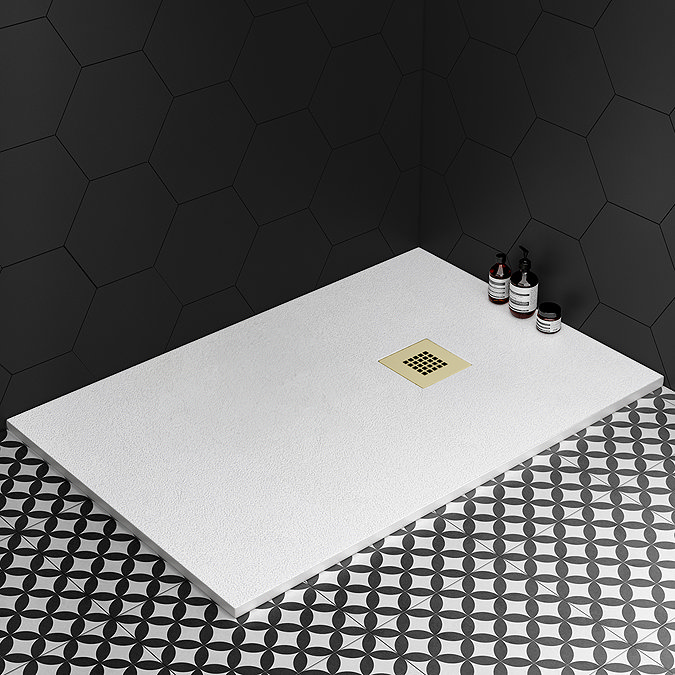 Imperia 1200 x 700mm White Slate Effect Rectangular Shower Tray + Brushed Brass Waste