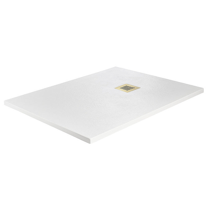 Imperia 1200 x 800mm White Slate Effect Rectangular Shower Tray + Brushed Brass Waste