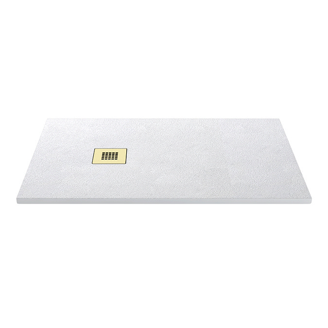 Imperia 1200 x 800mm White Slate Effect Rectangular Shower Tray + Brushed Brass Waste