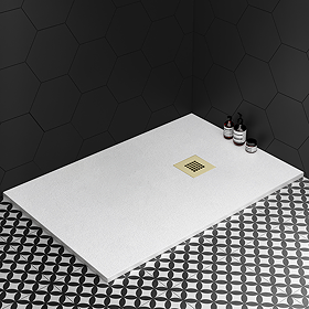 Imperia 1200 x 800mm White Slate Effect Rectangular Shower Tray + Brushed Brass Waste