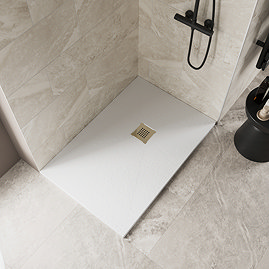 Imperia 1200 x 900mm White Slate Effect Rectangular Shower Tray + Brushed Brass Waste