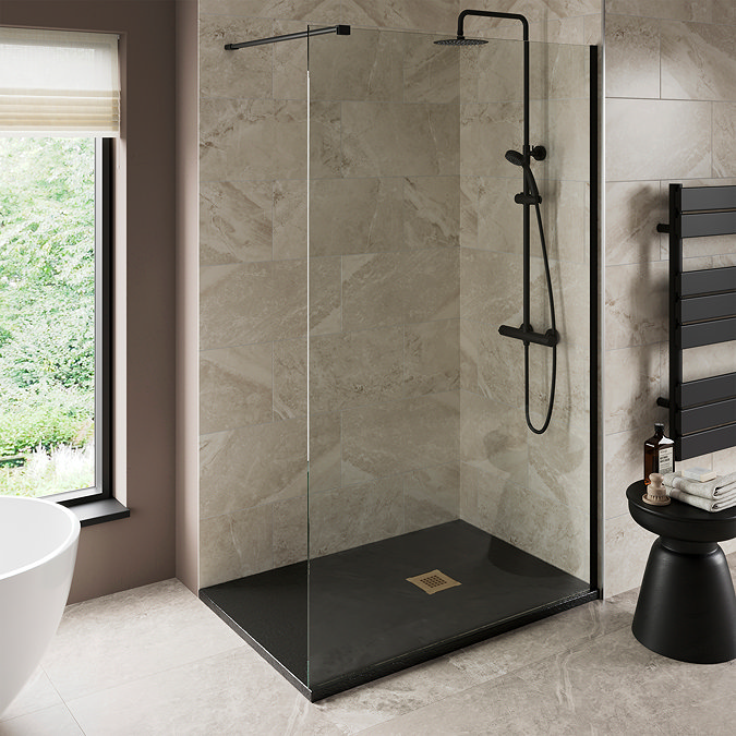 Imperia 1400 x 800mm Black Slate Effect Rectangular Shower Tray + Brushed Brass Waste