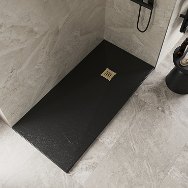 Imperia 1600 x 800mm Black Slate Effect Rectangular Shower Tray + Brushed Brass Waste