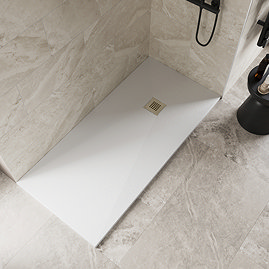 Imperia 1600 x 800mm White Slate Effect Rectangular Shower Tray + Brushed Brass Waste