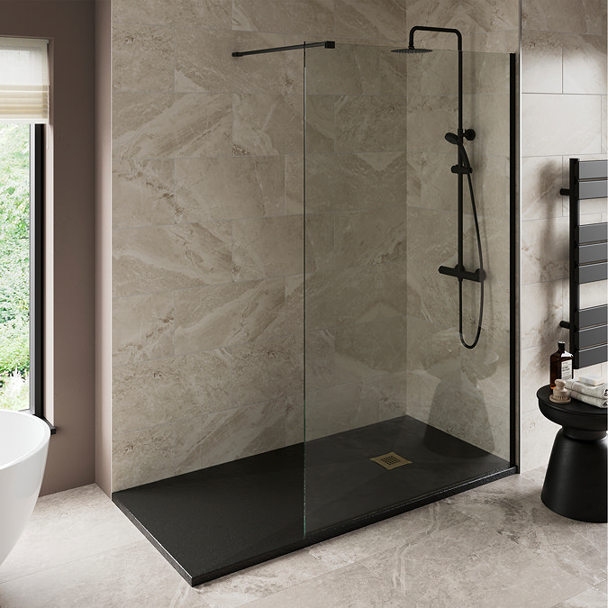 Imperia 1700 x 800mm Black Slate Effect Rectangular Shower Tray + Brushed Brass Waste
