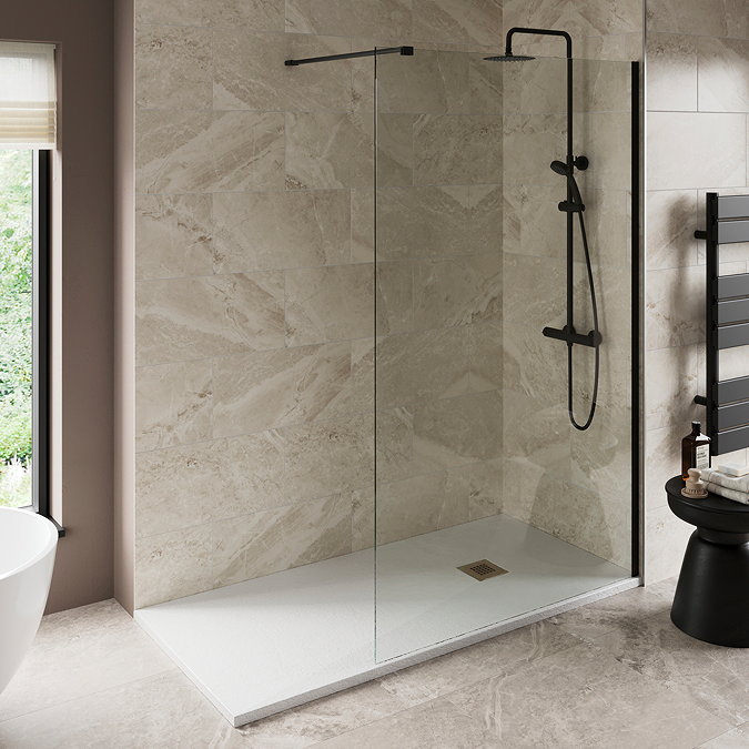 Imperia 1700 x 800mm White Slate Effect Rectangular Shower Tray + Brushed Brass Waste