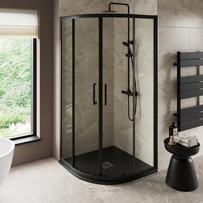 Imperia 800 x 800mm Black Slate Effect Quadrant Shower Tray + Graphite Waste