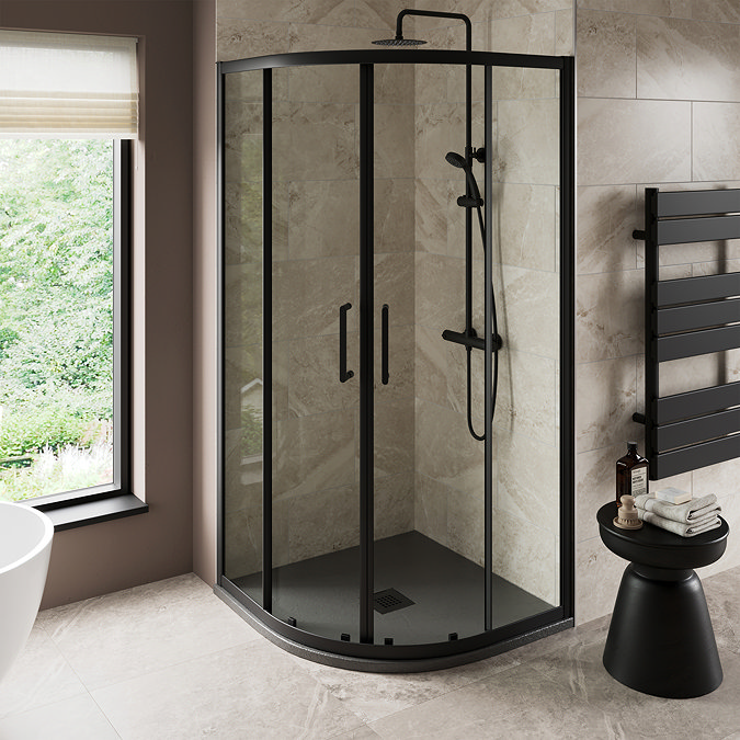 Imperia 800 x 800mm Graphite Slate Effect Quadrant Shower Tray + Black Waste