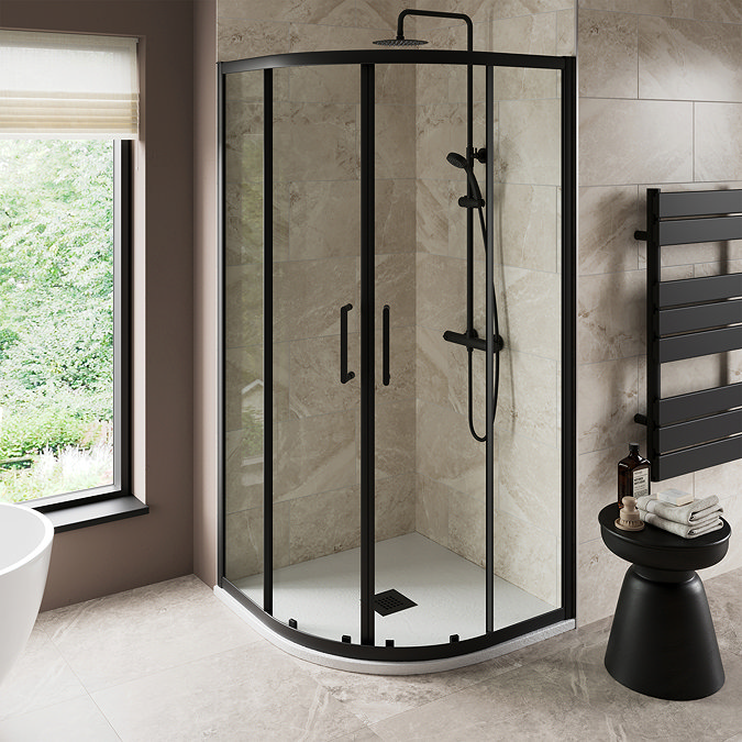 Imperia 800 x 800mm White Slate Effect Quadrant Shower Tray + Black Waste