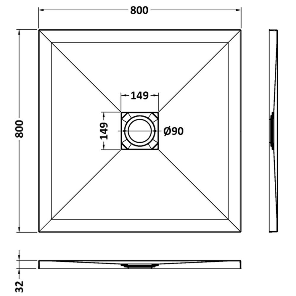 Imperia 800 x 800mm White Slate Effect Square Shower Tray + Black Waste