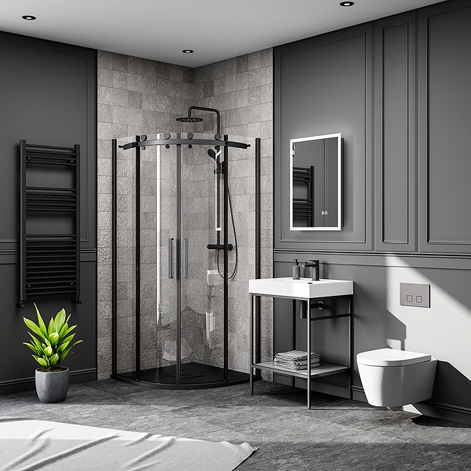 Imperia 800 x 800mm Black Slate Effect Quadrant Shower Tray + Black Waste  In Bathroom Large Image