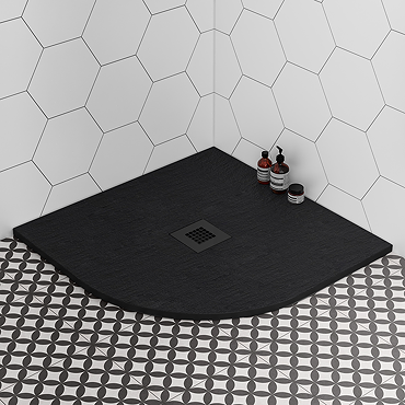 Imperia 800 x 800mm Black Slate Effect Quadrant Shower Tray + Black Waste
