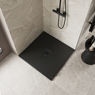Imperia 800 x 800mm Black Slate Effect Square Shower Tray + Black Waste