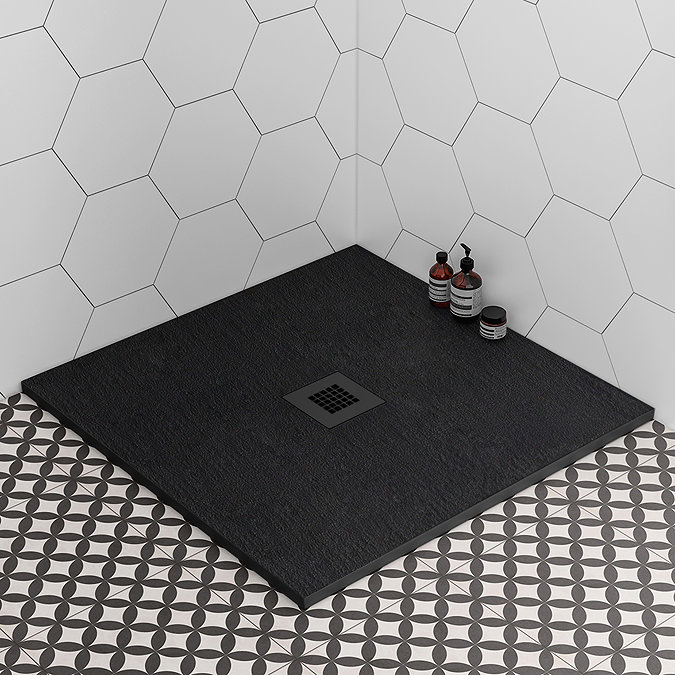 Imperia 800 x 800mm Black Slate Effect Square Shower Tray + Black Waste